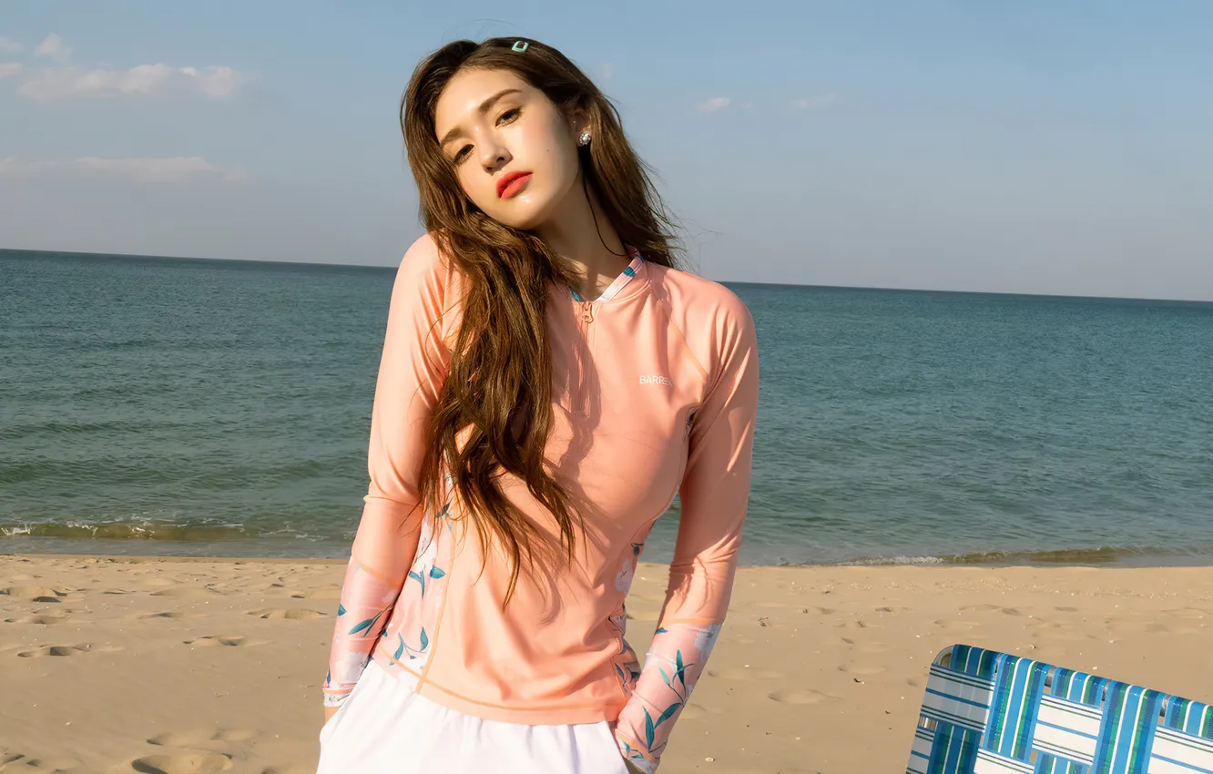 Photo wallpaper sand, sea, beach, look, the sun, pose, model, portrait