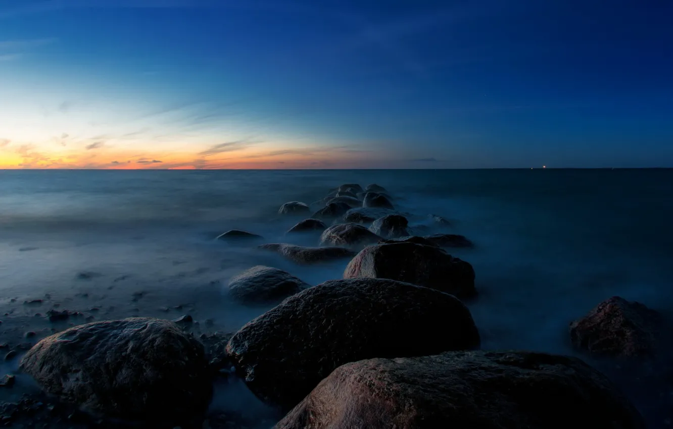Photo wallpaper sea, landscape, night, stones