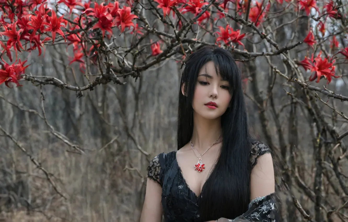 Photo wallpaper forest, girl, trees, flowers, Asian, Neuroart, AI ART, neural network