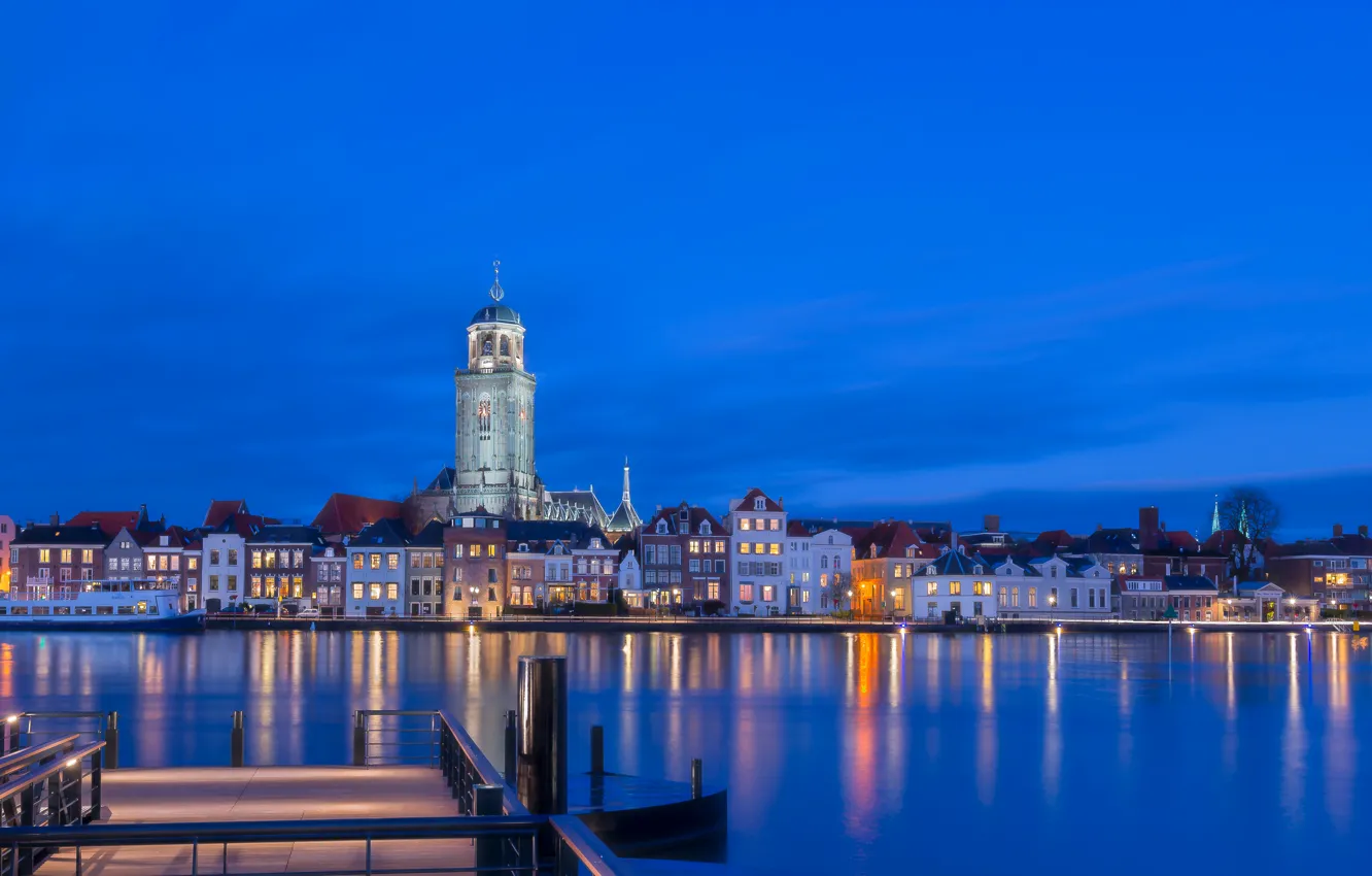 Photo wallpaper lights, river, tower, home, the evening, pier, Netherlands, Deventer
