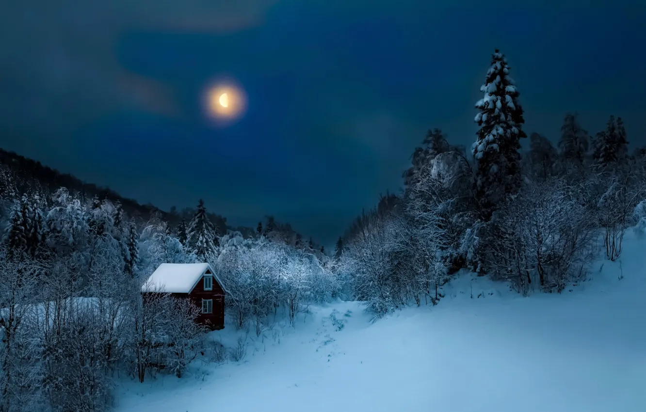 Photo wallpaper winter, night, the moon, home, the snow, old, lonely