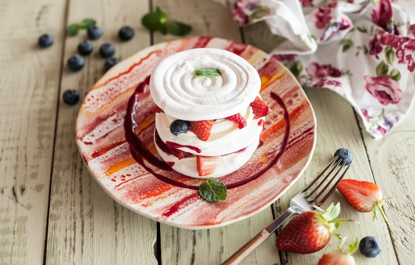 Photo wallpaper berries, blueberries, strawberry, ice cream, dessert, sweet, meringue