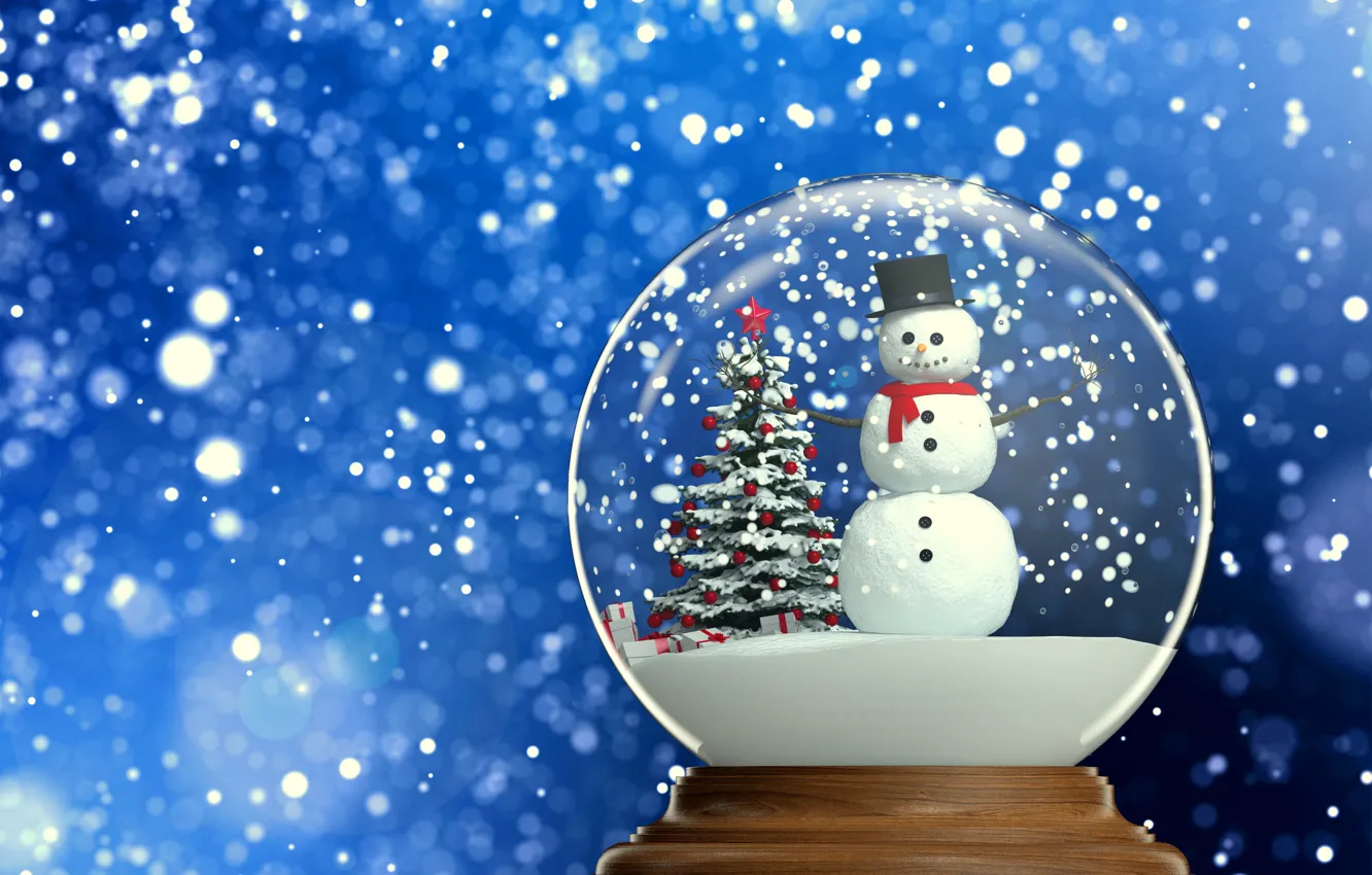 Photo wallpaper snow, tree, ball, New Year, Christmas, snowman, winter, snow