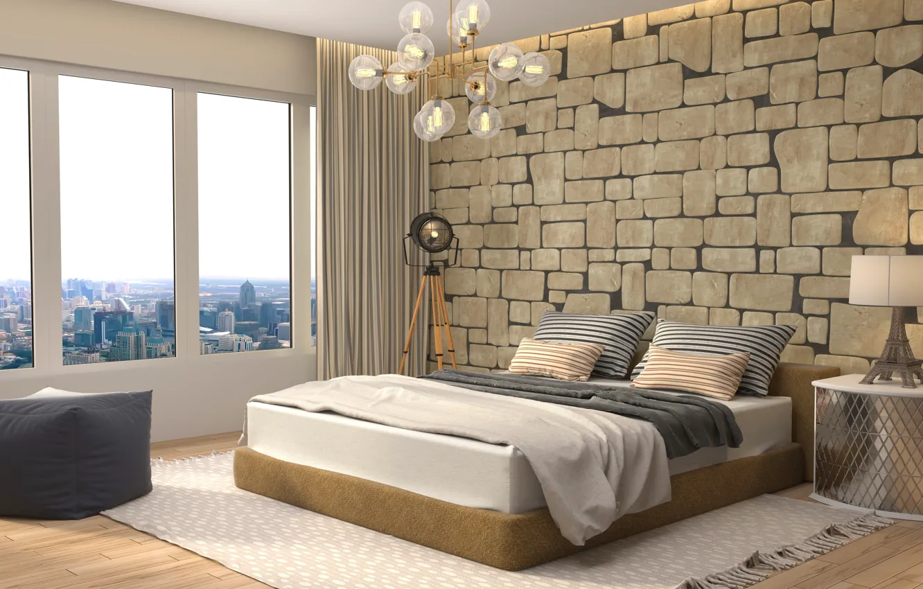 Photo wallpaper design, lamp, bed, interior, window, chandelier, bedroom, modern
