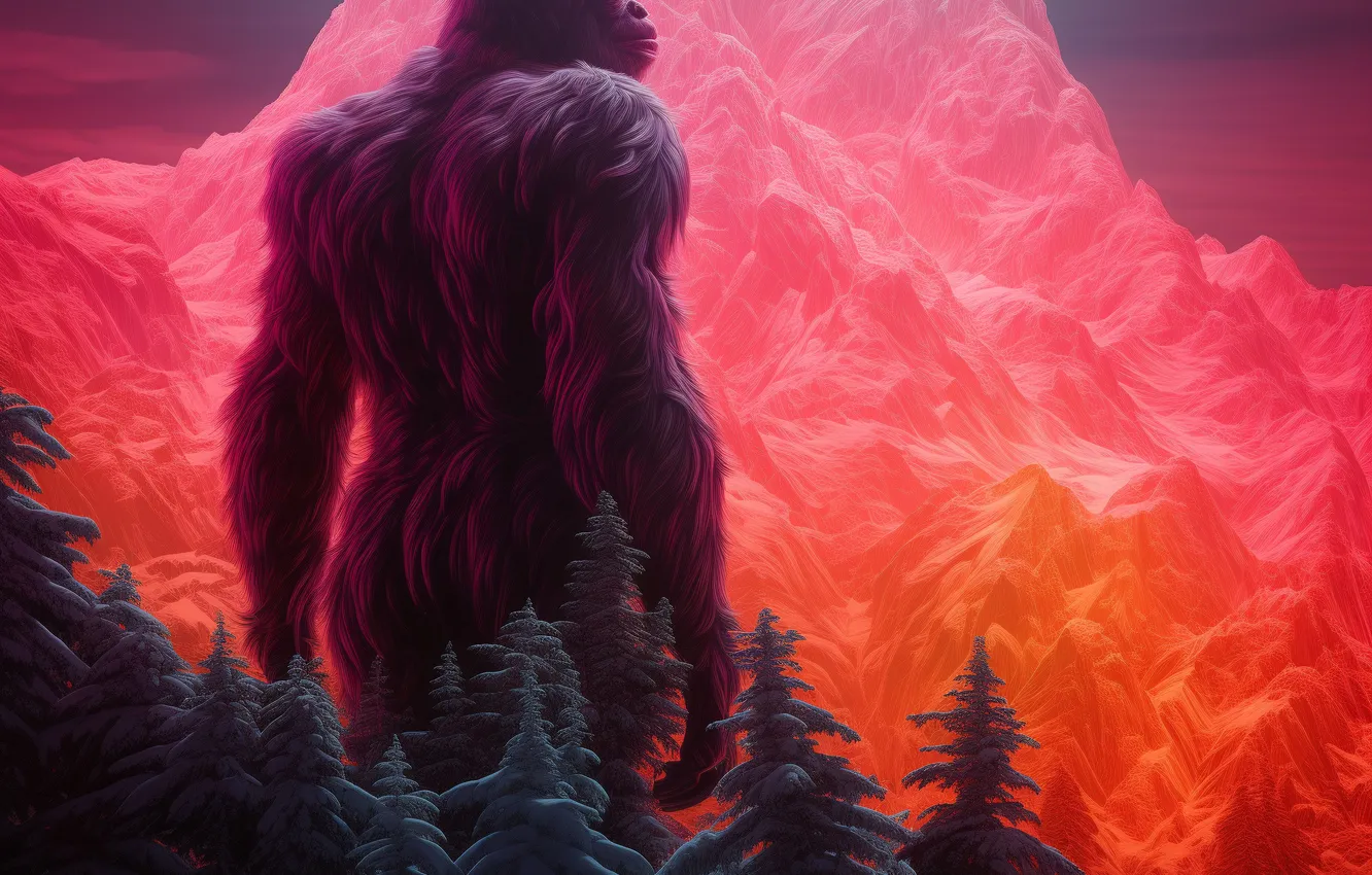 Photo wallpaper trees, mountains, being, Yeti, Bigfoot, digital art, Bigfoot, AI art