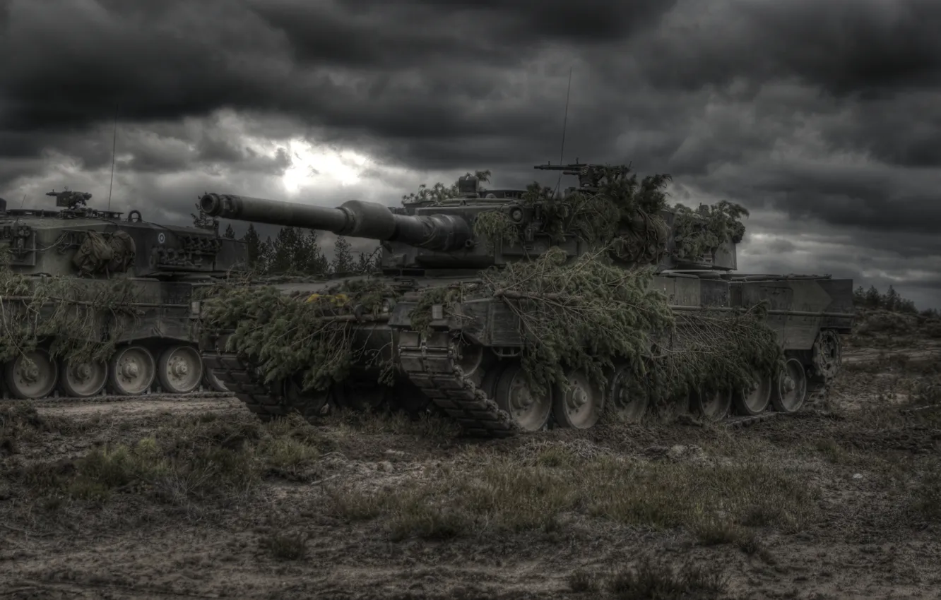 Photo wallpaper tank, disguise, bad weather, Leopard2