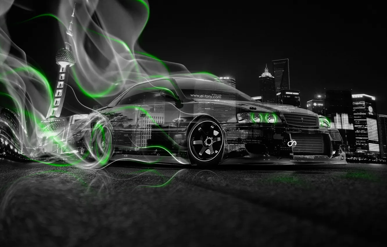 Photo wallpaper Auto, Night, The city, Smoke, Neon, Green, Machine, City