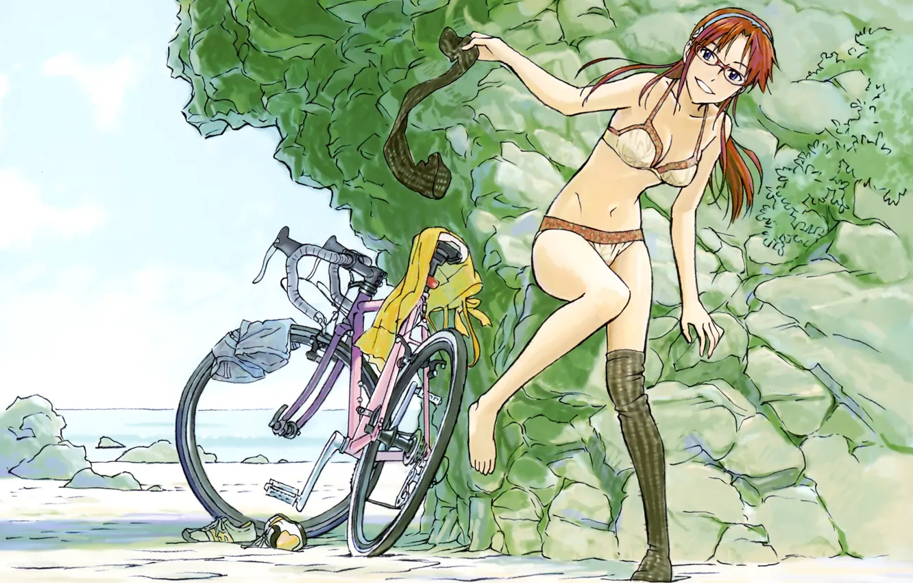 Photo wallpaper Sea, Girl, Summer, Bike, Striptease