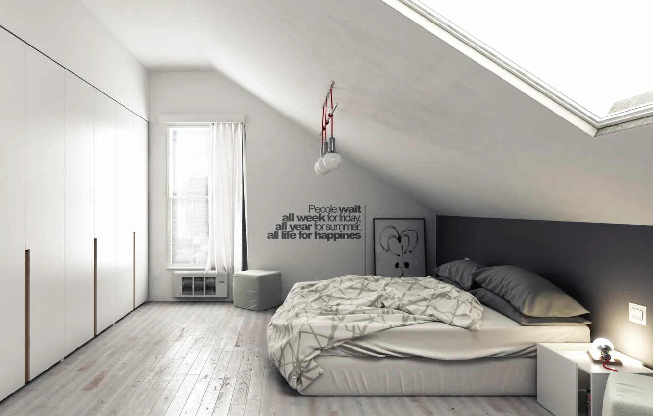 Photo wallpaper design, interior, mansarda, attic bedroom