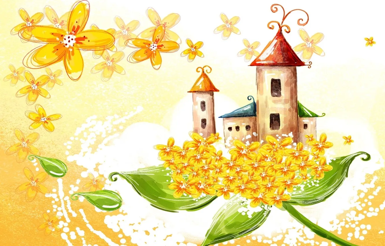 Photo wallpaper flowers, petals, stem, house