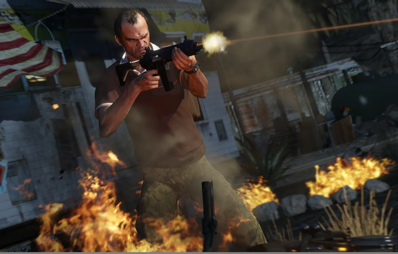 Photo wallpaper Fire, Shooting, Weapons, Grand Theft Auto V, GTA V, Philips, Trevor