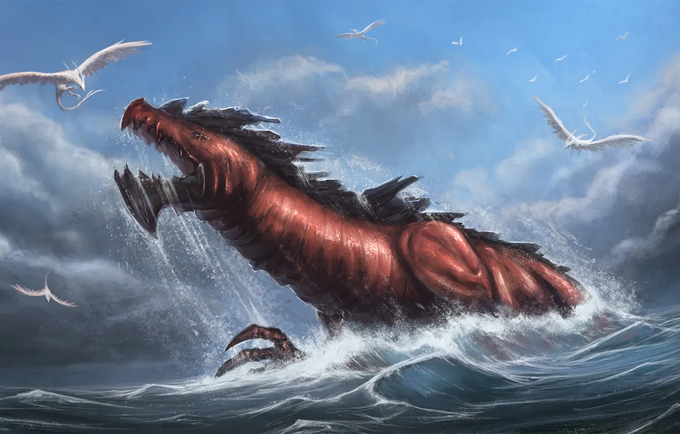 Photo wallpaper sea, bird, dragon, monster