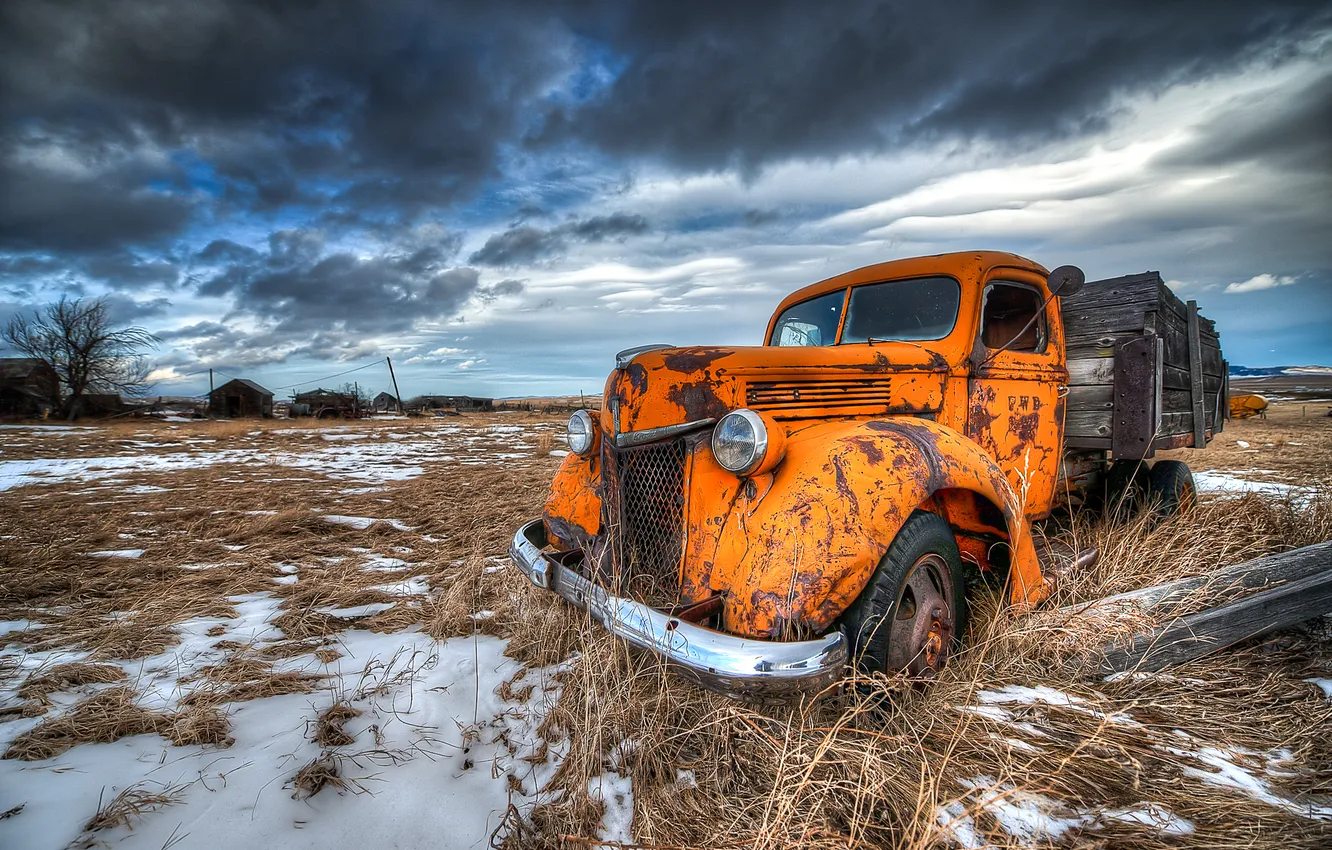 Photo wallpaper snow, orange, truck