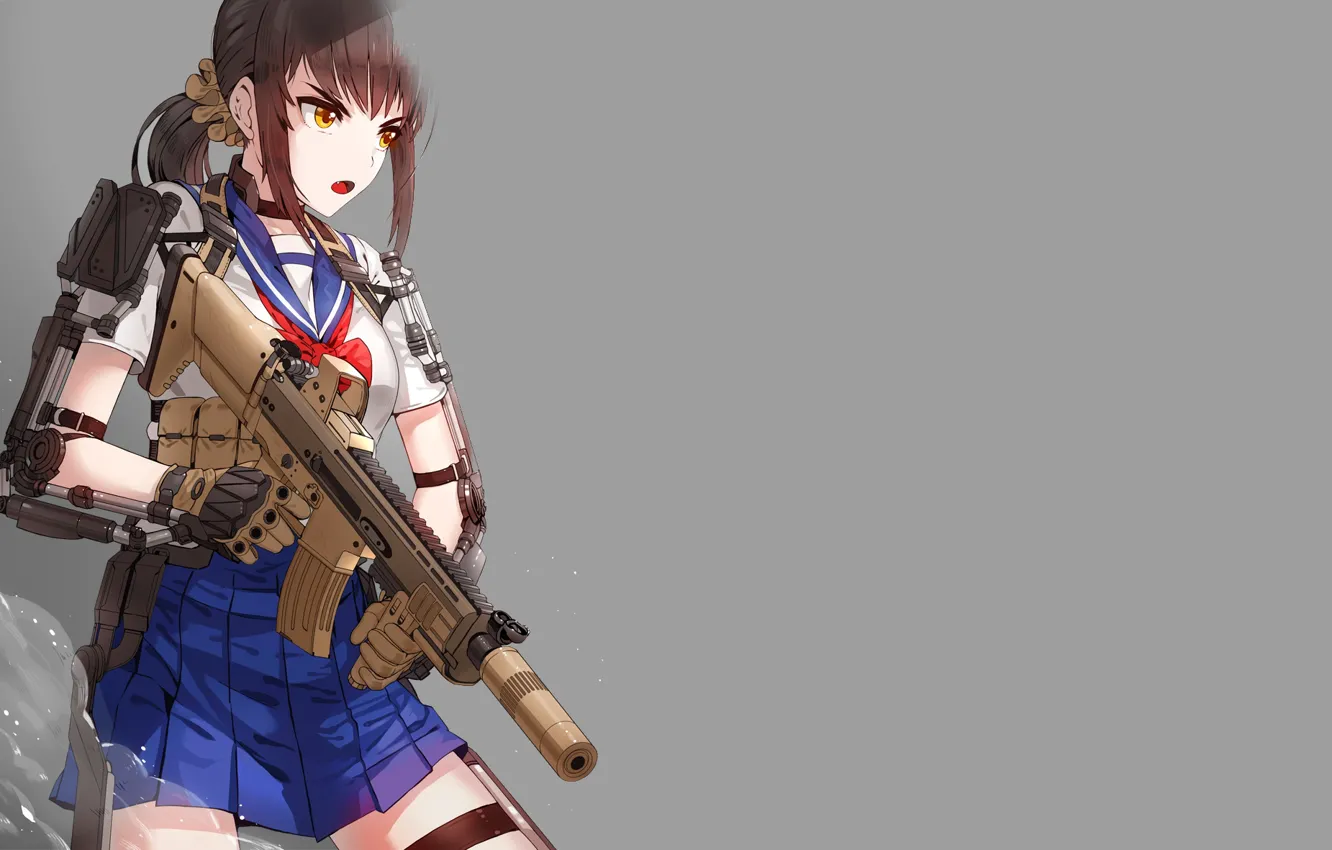 Photo wallpaper girl, weapons, fiction, soldiers, grey background