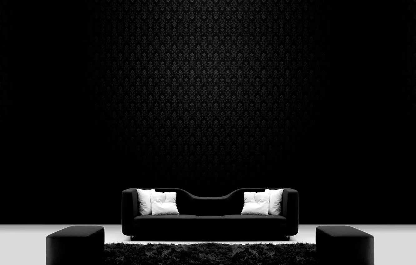 Photo wallpaper sofa, Wallpaper, carpet, pillow, black and white, Ottoman