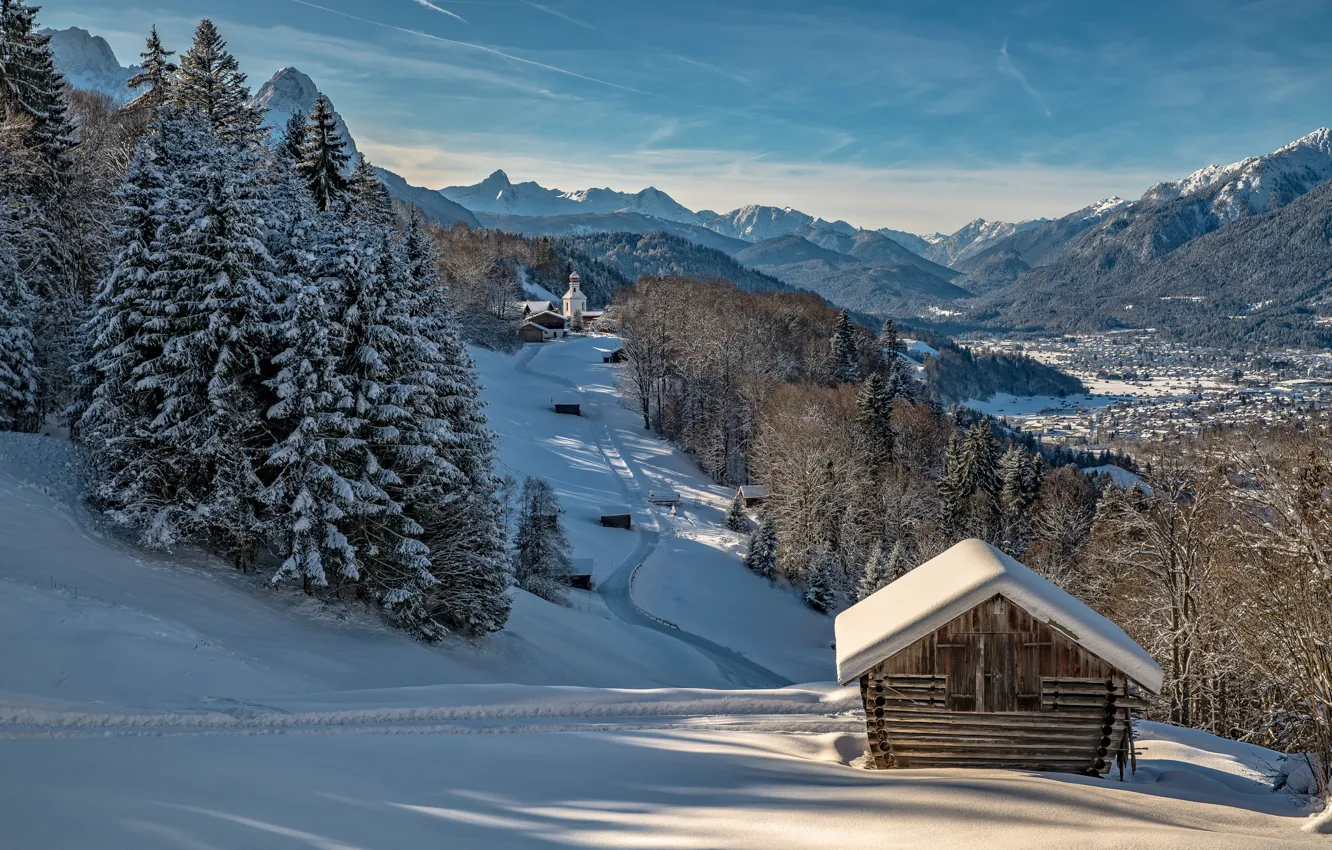 Photo wallpaper winter, forest, the sky, the sun, snow, trees, mountains, home