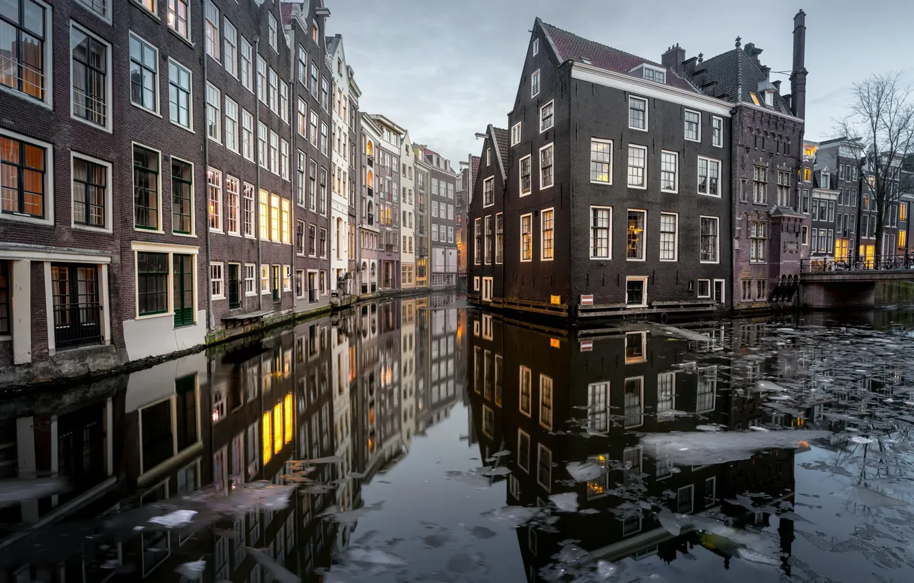 Photo wallpaper ice, water, the city, home, Amsterdam, channel, Netherlands