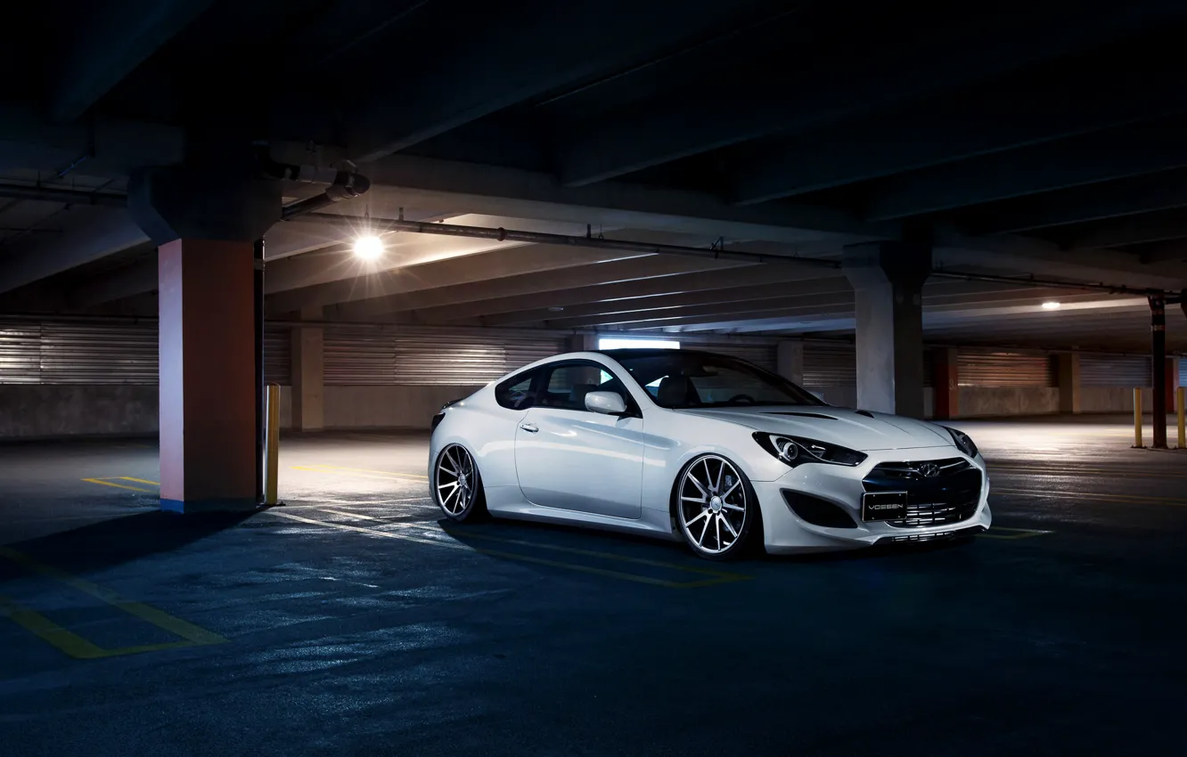 Photo wallpaper Car, Hyundai, Front, White, Parking, Vossen, Wheels, Genesis