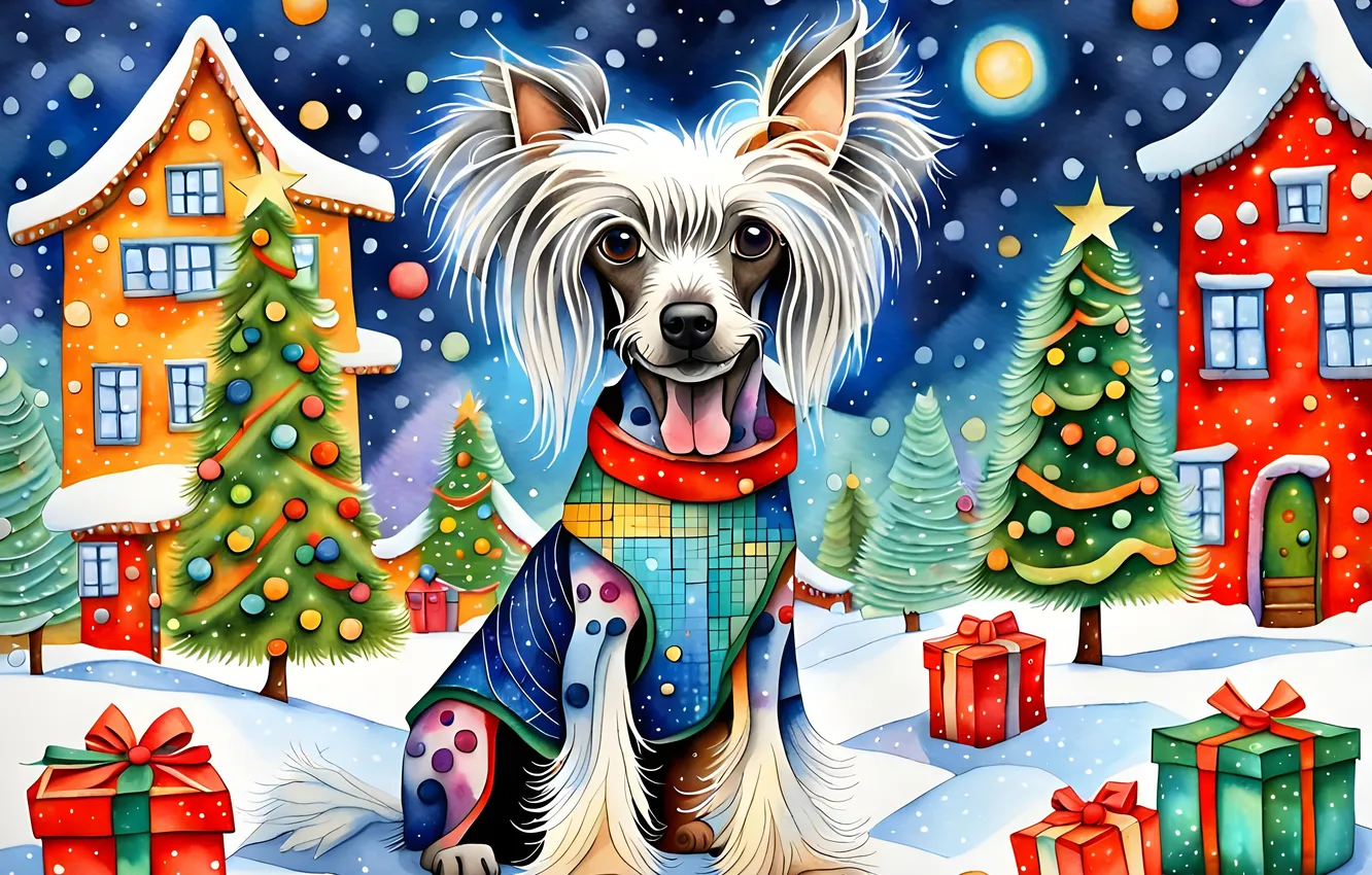 Photo wallpaper winter, snow, night, figure, new year, home, dog, Christmas