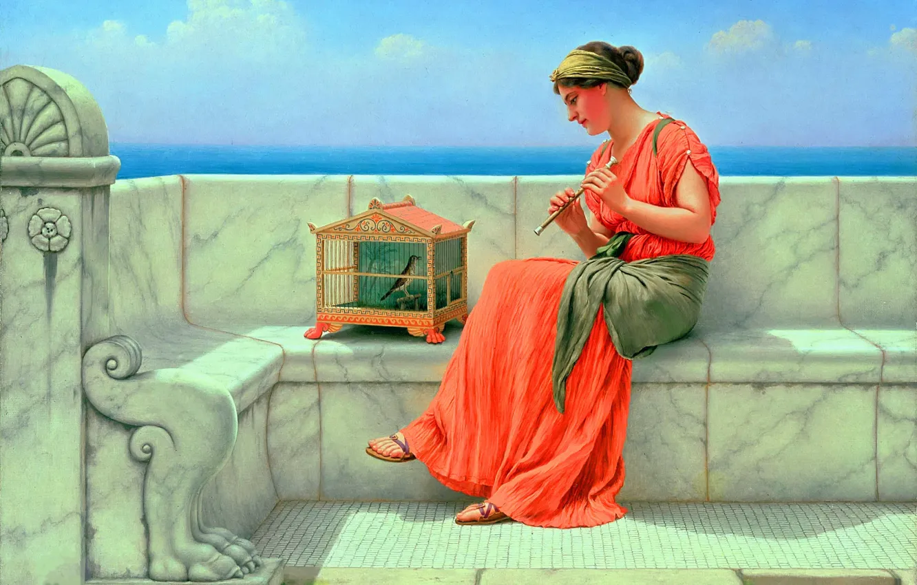 Photo wallpaper girl, bird, picture, cell, John William Godward, the flute, John William Godward, English neoclassical artist