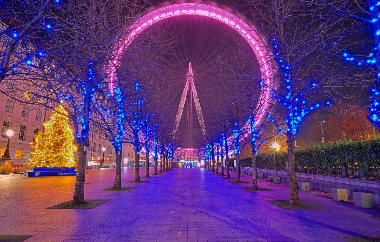 Photo wallpaper night, lights, holiday, England, London, Christmas, Ferris wheel