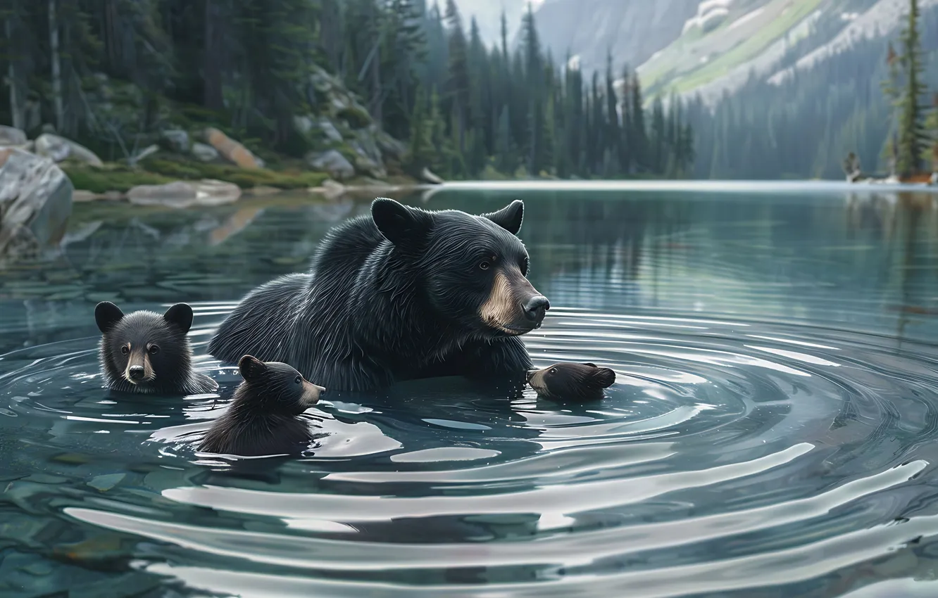 Photo wallpaper water, trees, river, predator, bear, four, bear, cub