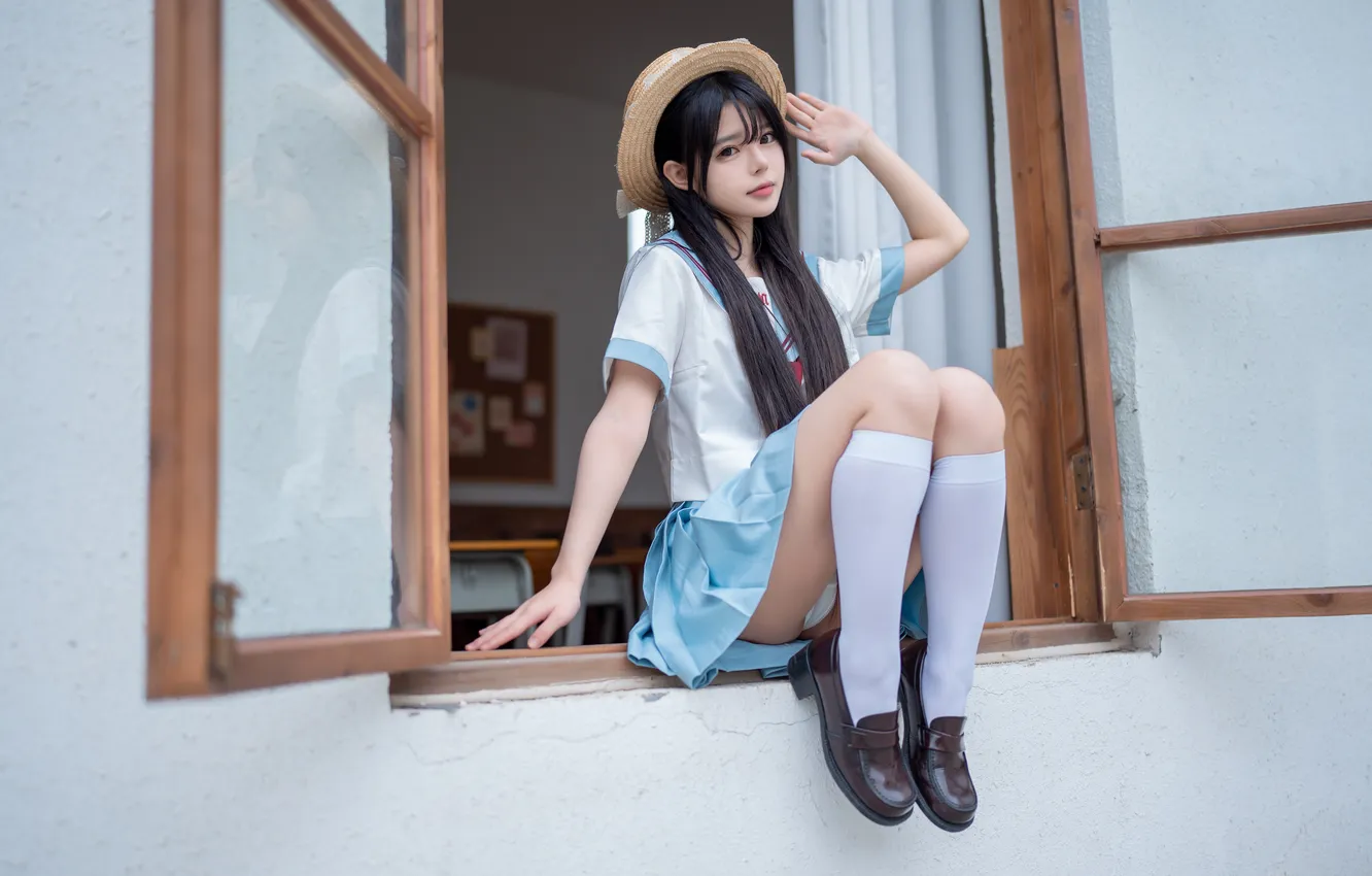 Photo wallpaper Asian, model, women, cosplay, upskirt, schoolgirl, sailor uniform, Rua Ruan