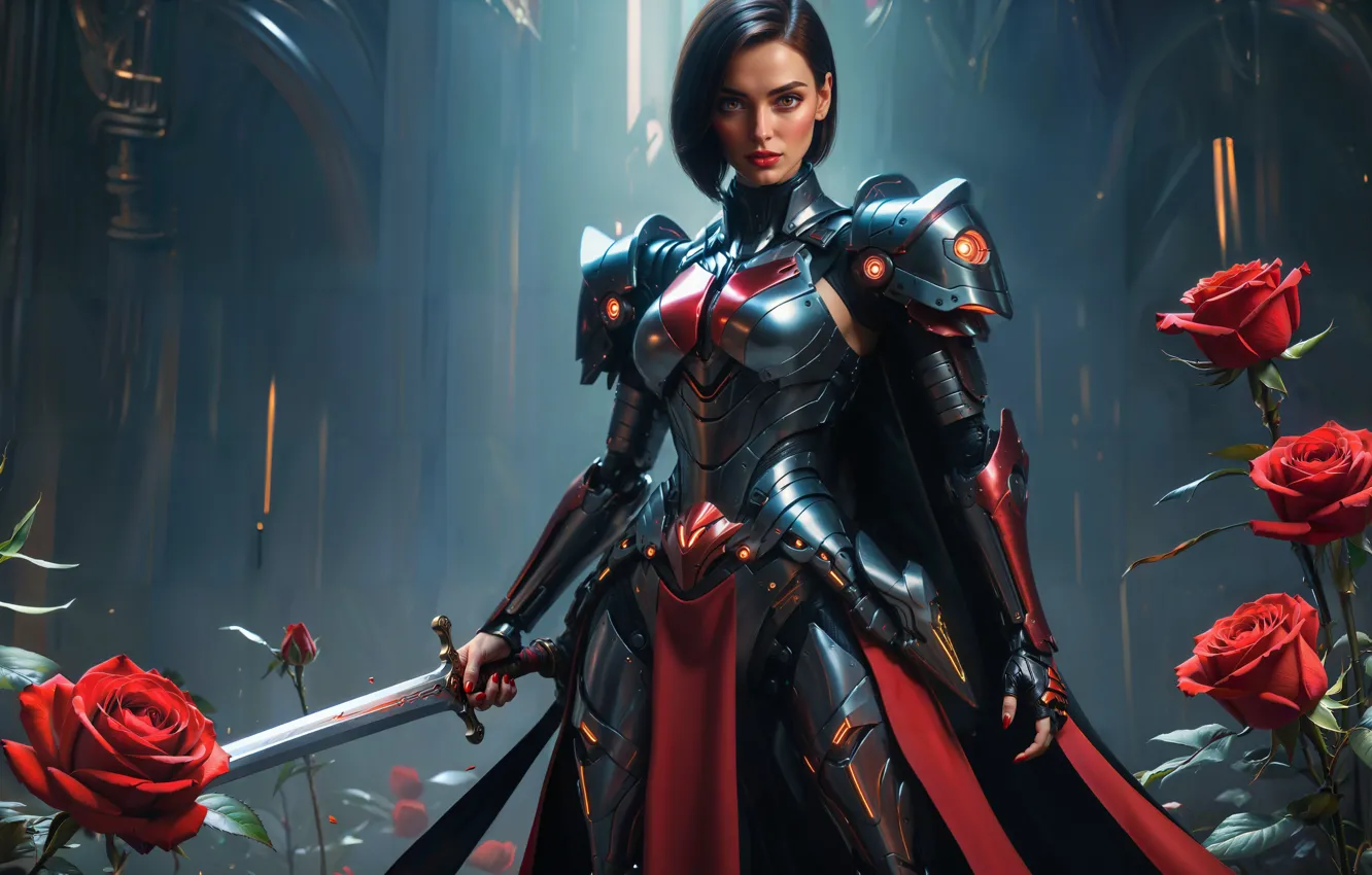 Photo wallpaper flowers, roses, sword, armor, warrior, bokeh, digital art, digital art