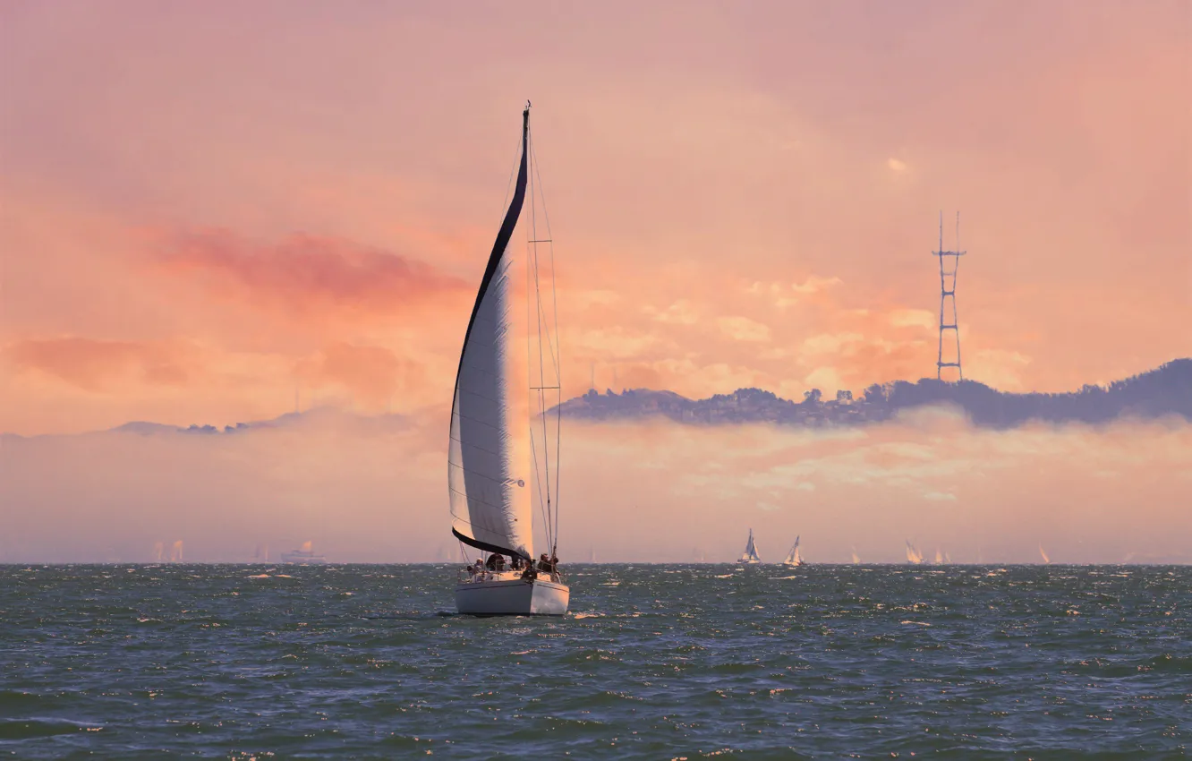 Photo wallpaper fog, morning, yacht, Sailing from San Francisco's Bay to Angel Island, sail, Bay