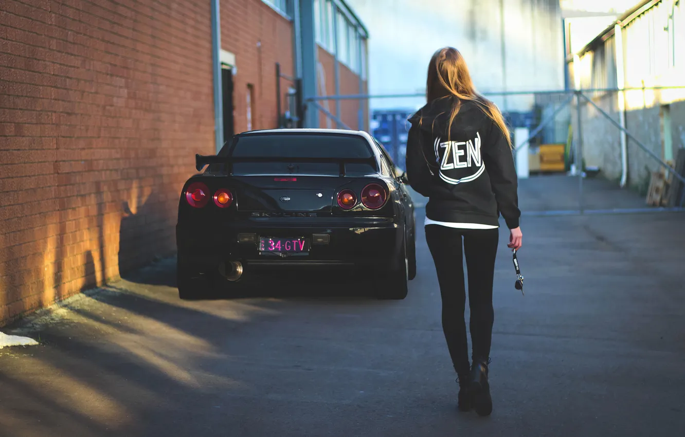 Photo wallpaper city, girl, model, street, Nissan Skyline, women, blonde, R34