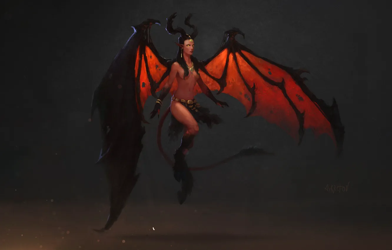 Photo wallpaper girl, fiction, wings, minimalism, figure, art, horns, the devil