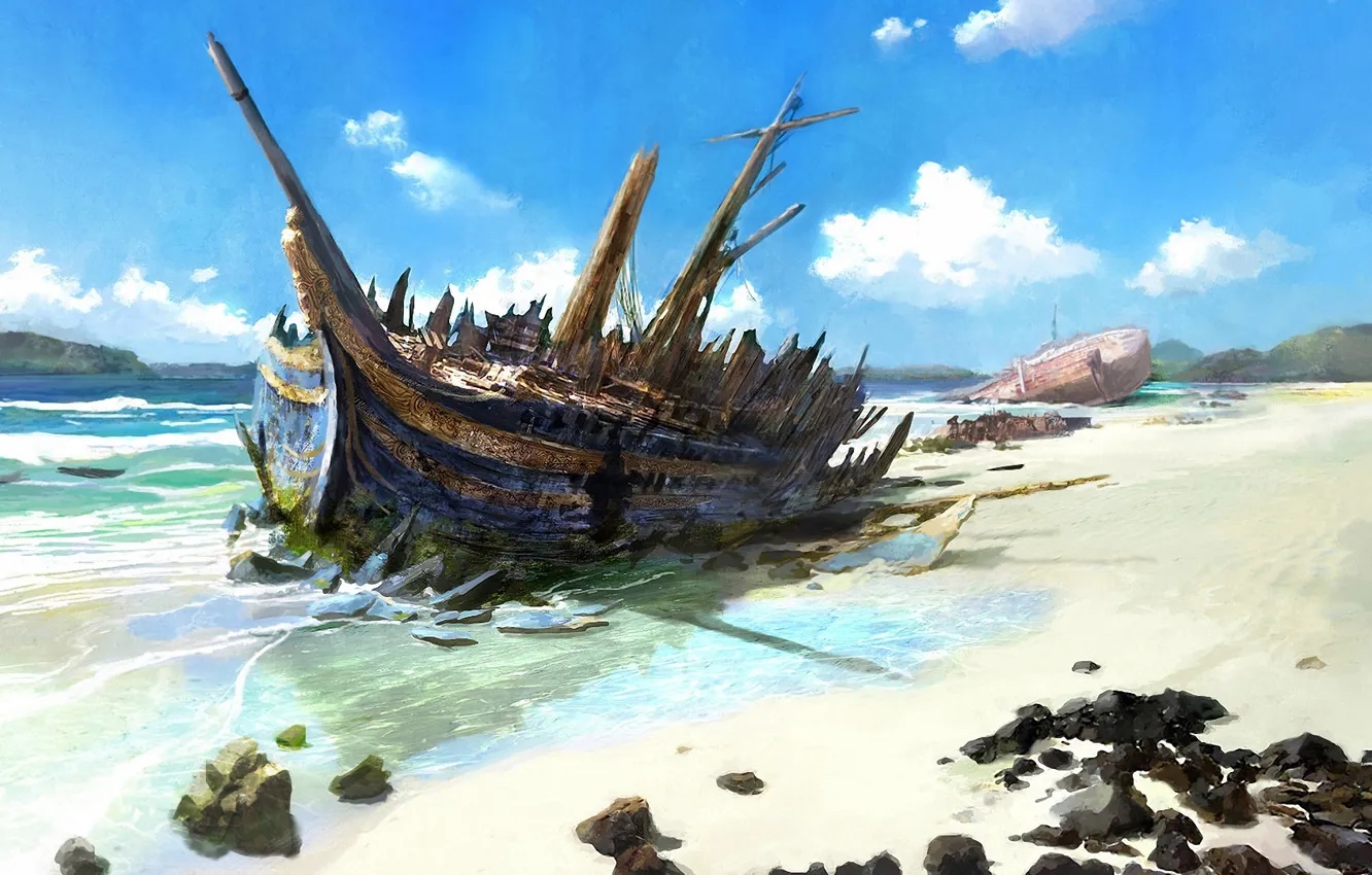 Photo wallpaper sea, shore, ship, the crash, the skeleton, art