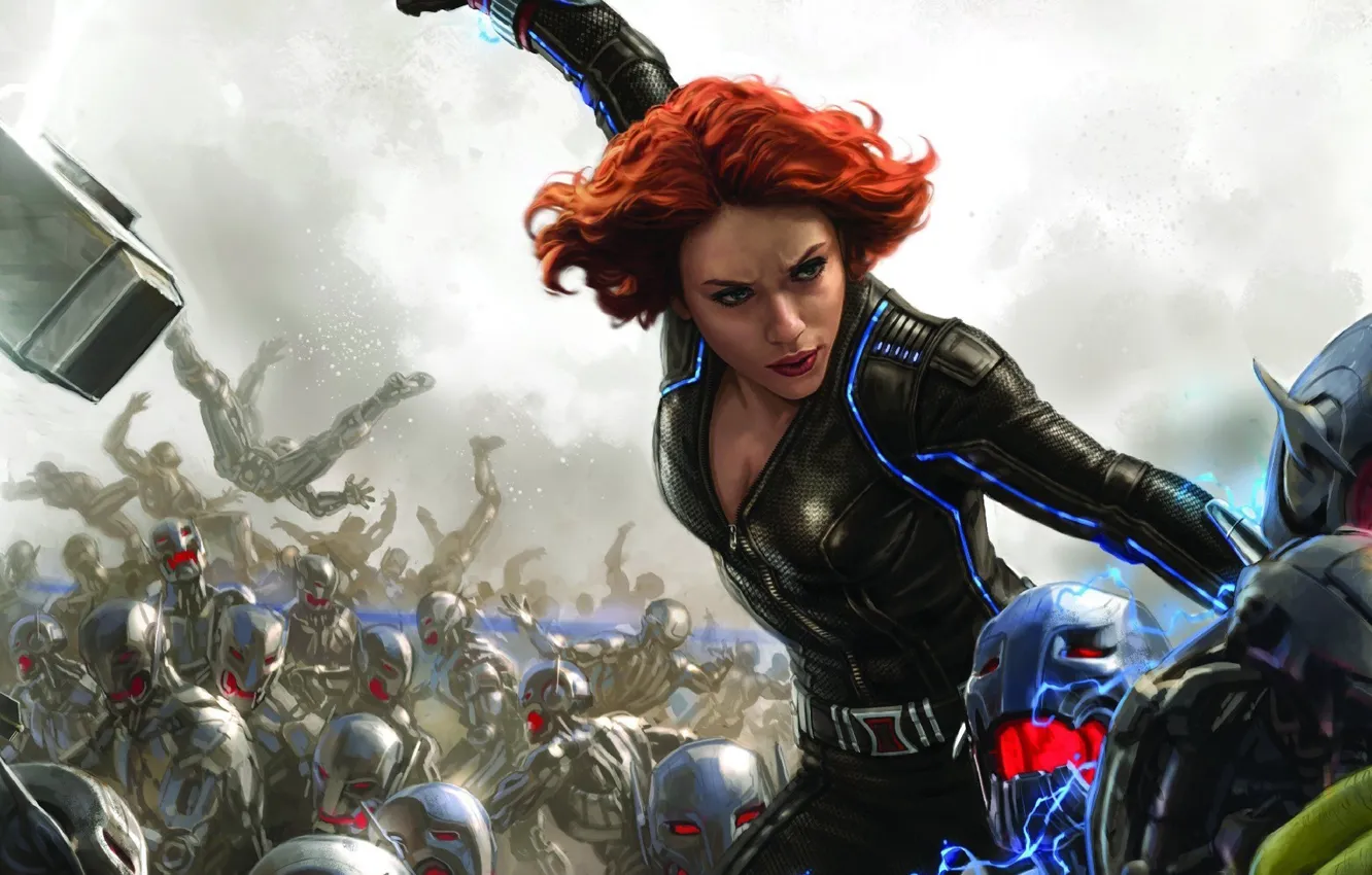 Photo wallpaper Scarlett Johansson, battlefield, girl, Fantasy, red hair, woman, war, Marvel