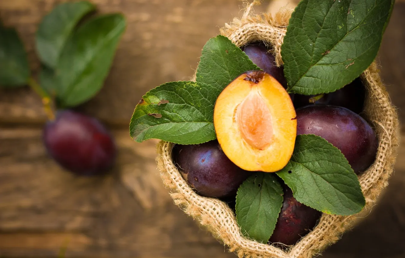 Photo wallpaper leaves, fruit, plum