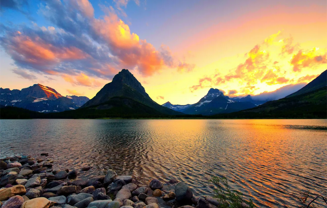 Photo wallpaper clouds, sunset, mountains, lake, stones