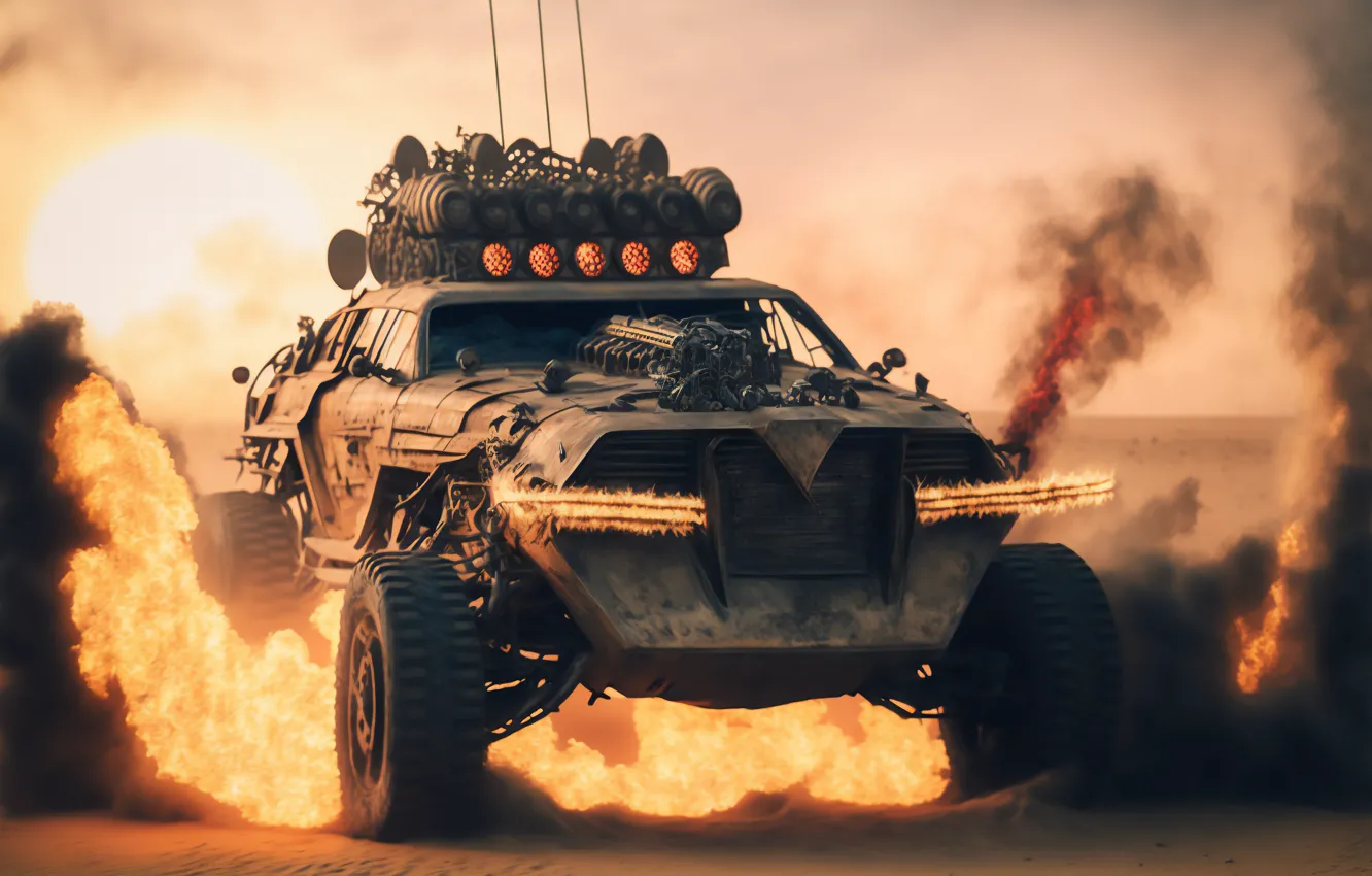 Photo wallpaper car, fire, flame, smoke, sun, sand, apocalypse, Mad Max