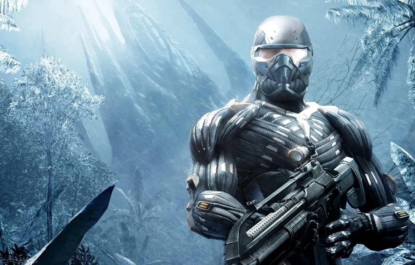 Photo wallpaper frost, Crysis, armor, cyborg, sight, muscles, super-weapons