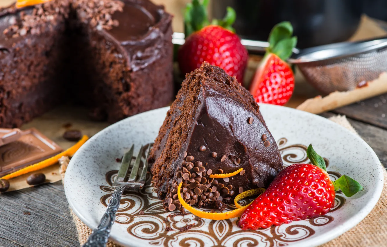 Photo wallpaper berries, strawberry, plate, cake, dessert, chocolate, a piece of cake, cream chocolate