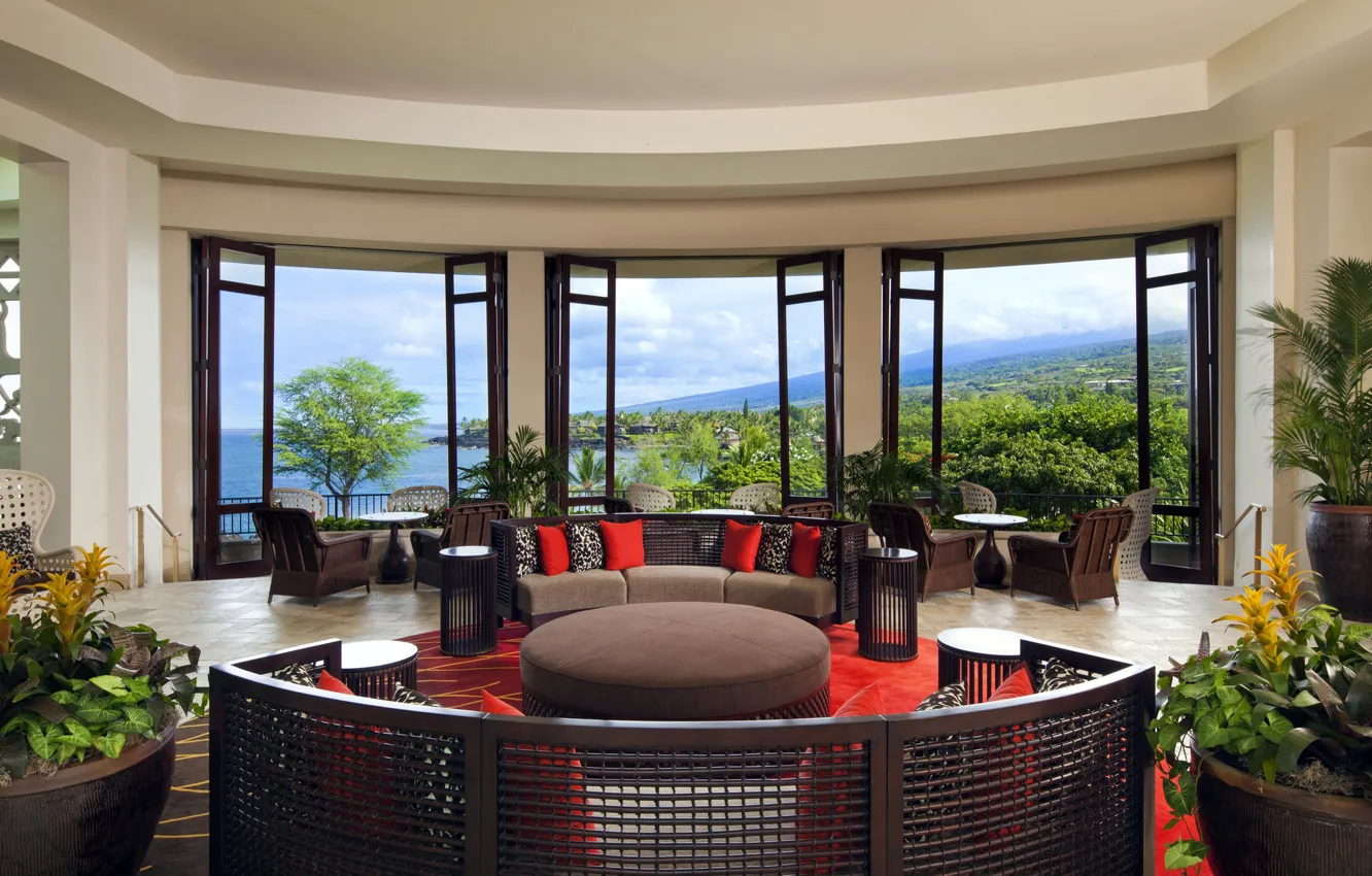 Photo wallpaper mountains, nature, sofa, home, chair, pillow, window, landscape.