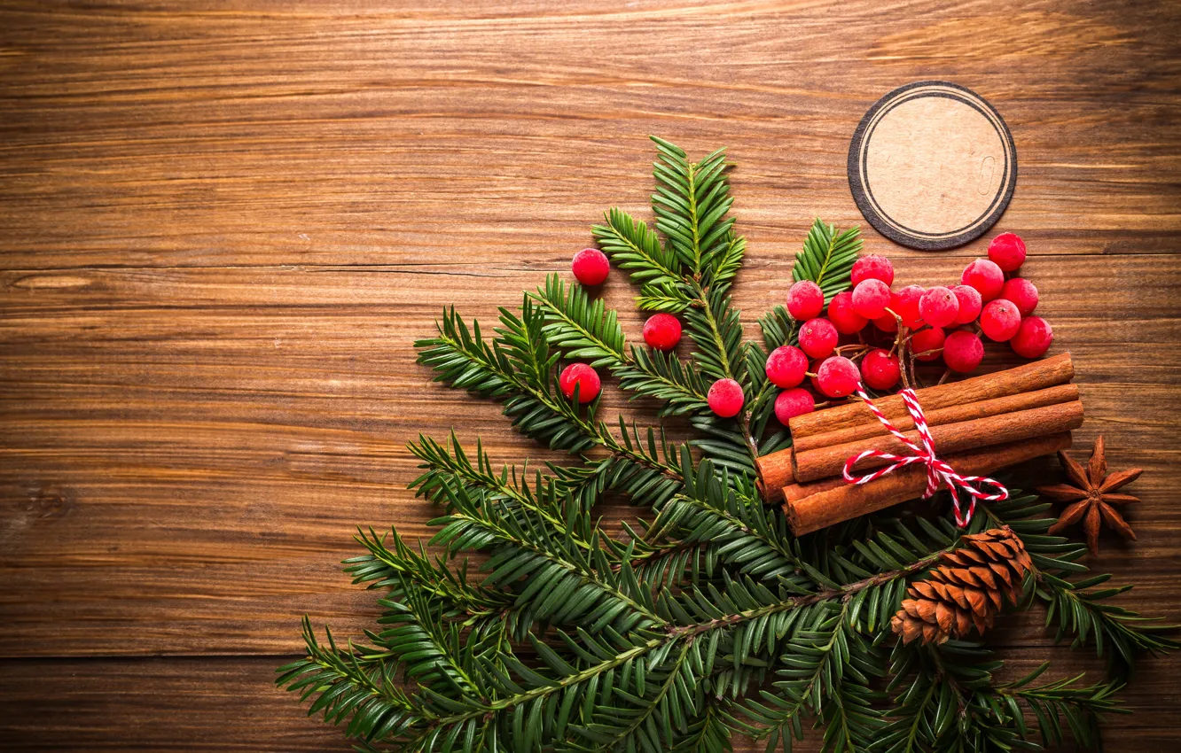 Photo wallpaper branches, berries, Board, new year, Christmas, cinnamon, needles, bumps
