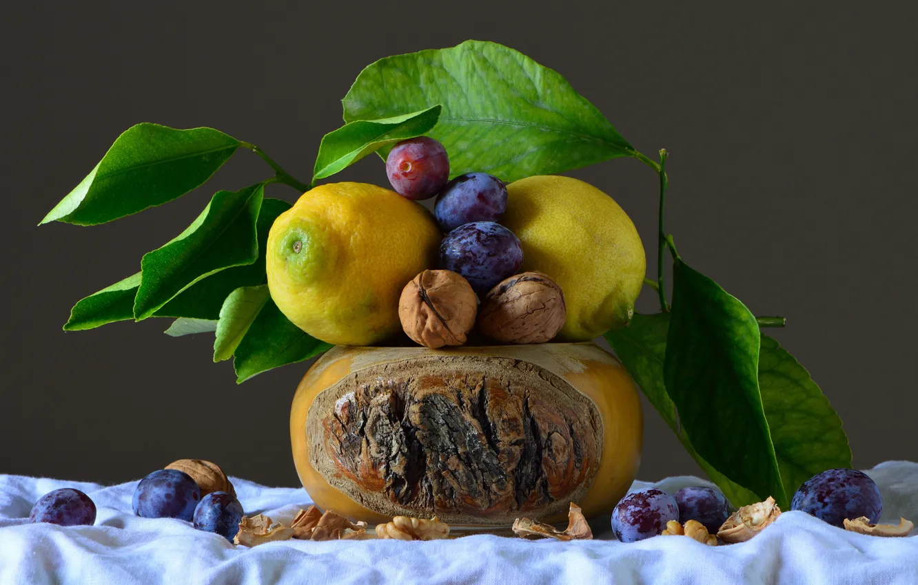 Photo wallpaper food, fruit, nuts, still life, lemons, composition