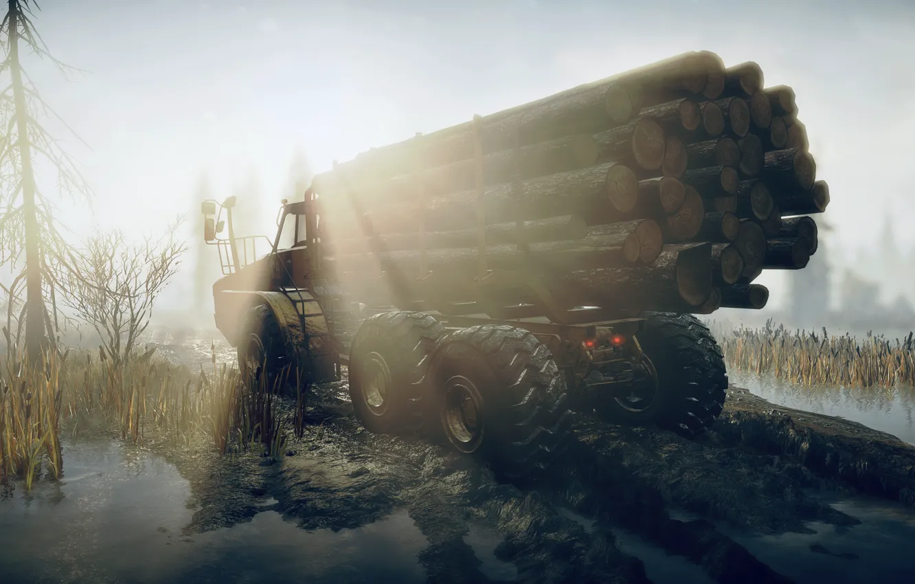 Photo wallpaper HDR, sunshine, game, wood, water, cat, truck, sunlight