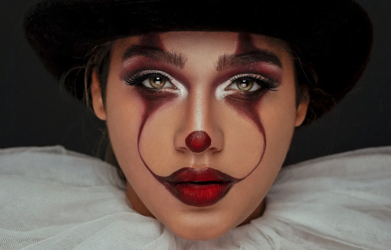 Photo wallpaper girl, hat, model, lips, face, clown, portrait, make up