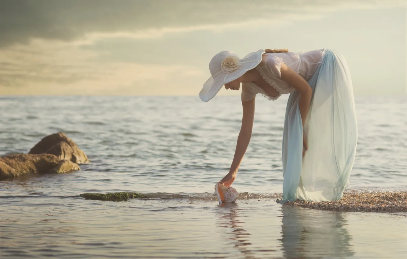 Photo wallpaper girl, beach, dress, sea, hat, water, beautiful, alone girl on beach