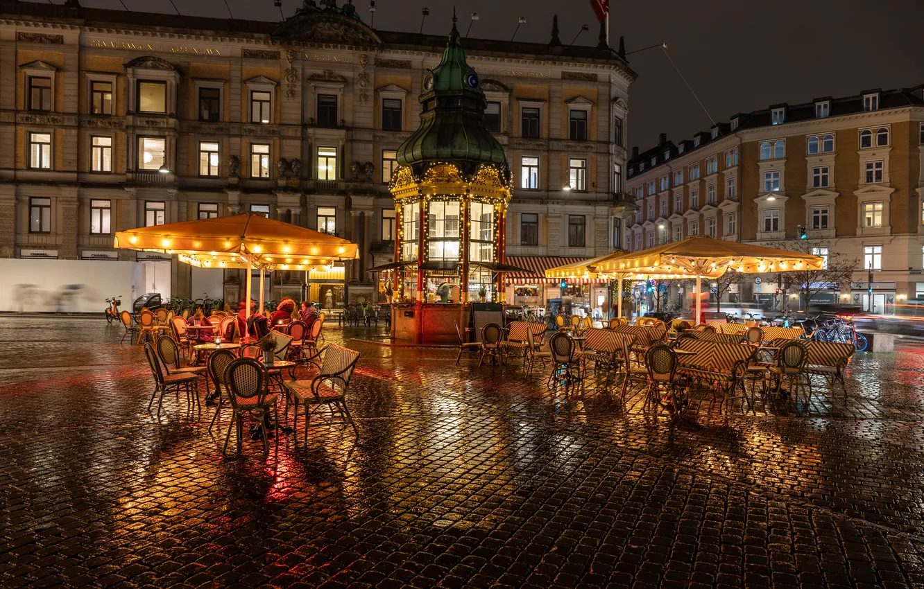 Photo wallpaper night, the city, lights, street, Denmark, cafe, illumination, Copenhagen