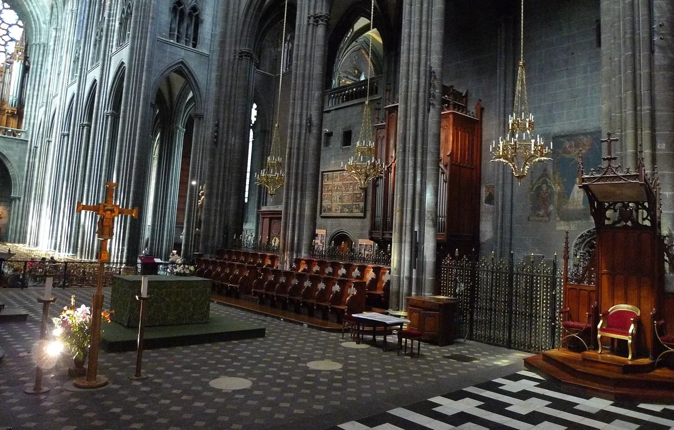 Photo wallpaper Gothic, France, interior, candles, stained glass, Cathedral, columns, architecture
