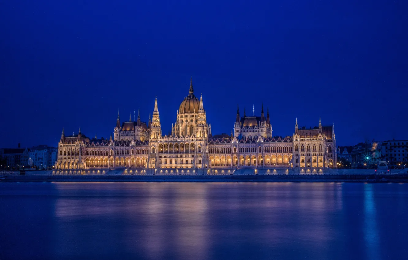 Photo wallpaper river, the building, architecture, night city, Hungary, Hungary, Budapest, Budapest