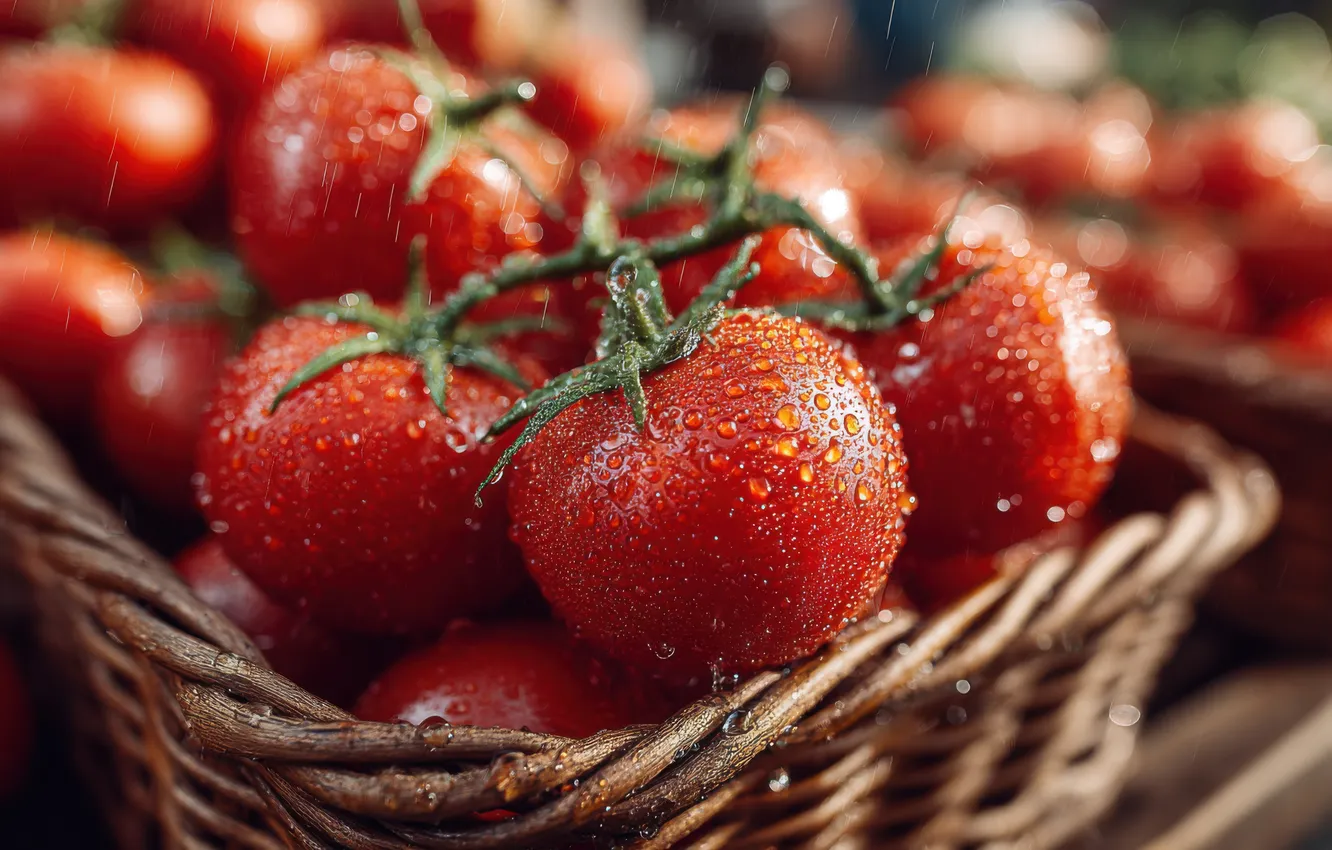 Photo wallpaper drops, harvest, basket, vegetables, tomatoes, tomatoes, fresh, AI art