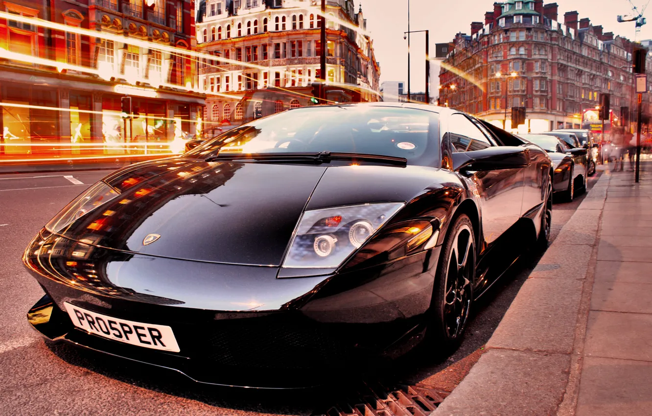 Photo wallpaper the city, lights, the evening, excerpt, lamborghini, murcielago