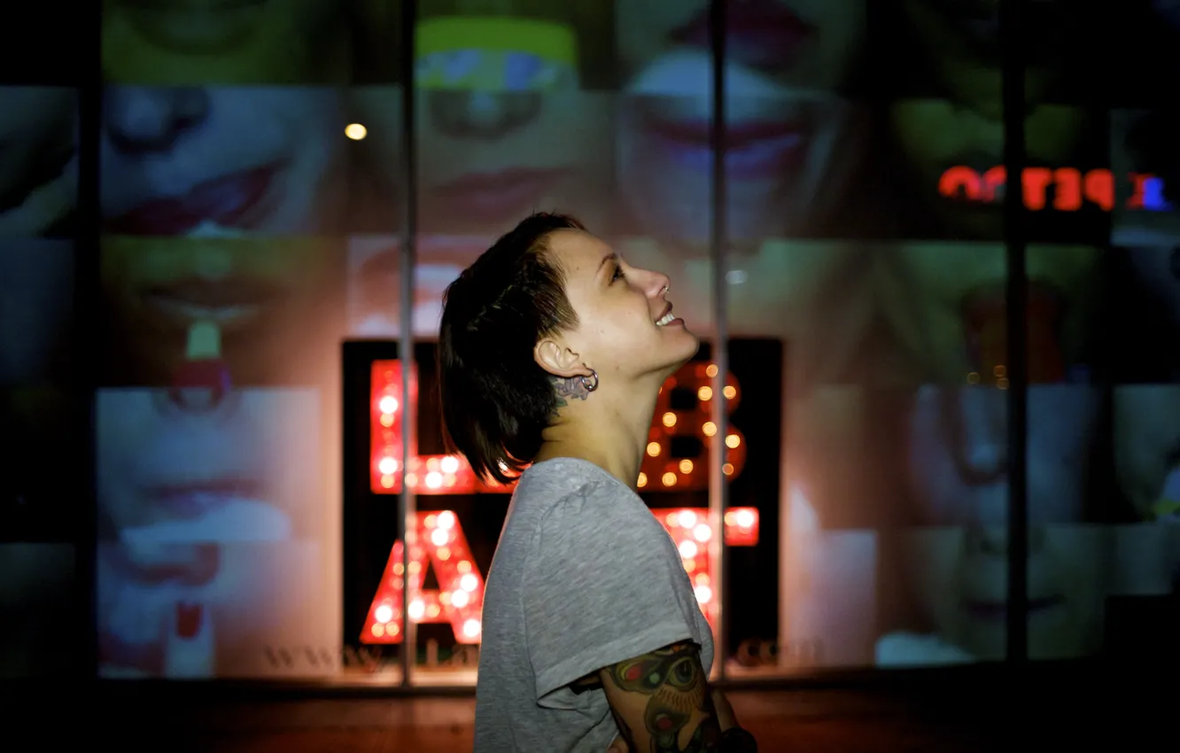 Photo wallpaper girl, woman, smile, art, model, tattoo, piercing, tattoos